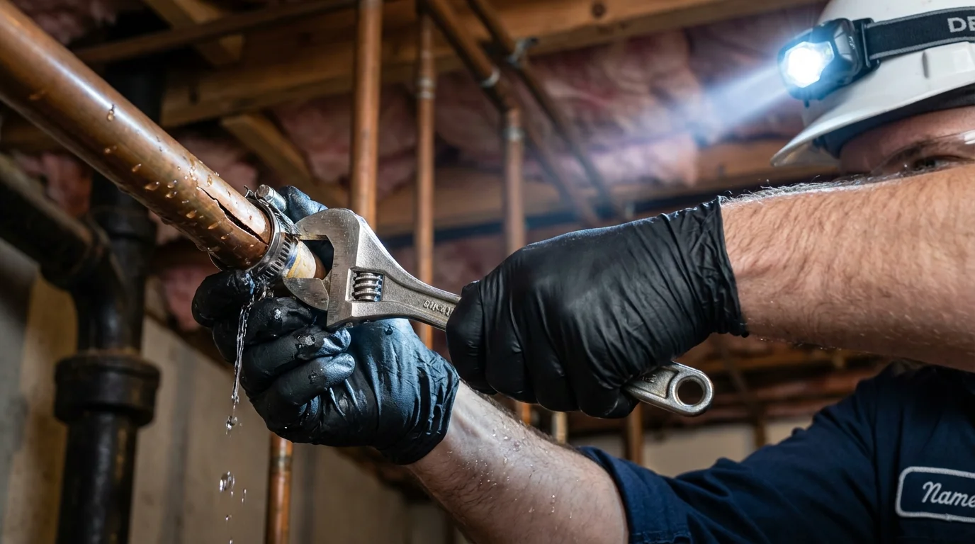 Emergency pipe clamp repair being performed by a Johns Plumbing LLC plumber in Puerto Real
