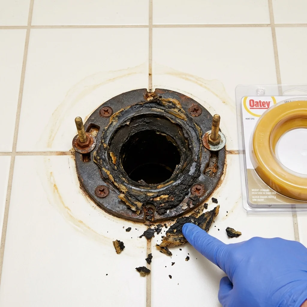 Failed wax ring showing water seepage at the base of a toilet in a Puerto Real, PR home