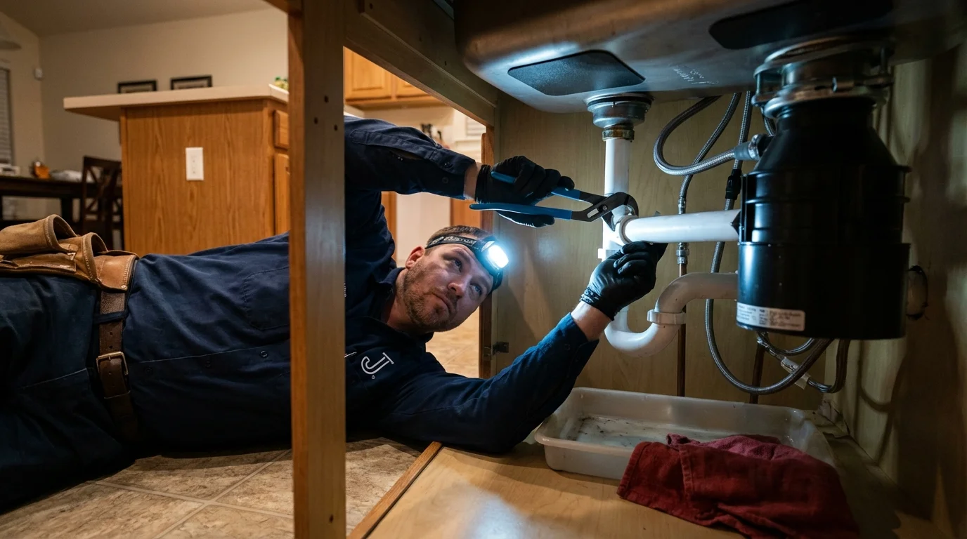 P-trap and supply line connections under a kitchen sink showing a common leak point in Puerto Real, PR